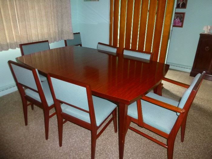 Mid Century Dining Table and Robbin Egg Blue Chairs