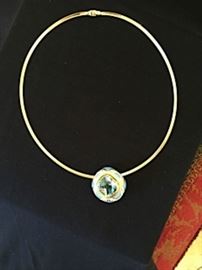 Aquamarine, diamond and enamel pendant on 14k yellow gold omega chain.