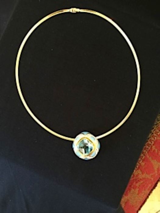 Aquamarine, diamond and enamel pendant on 14k yellow gold omega chain.