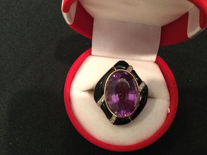 Huge amethyst, gold, diamond and black enamel ring with matching earrings