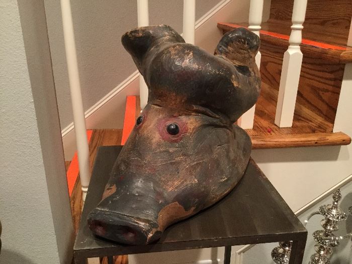 Mid-19th Century Butcher shop advertising sign - made from a burl of a tree; hand carved, glass eyes....one of a kind!