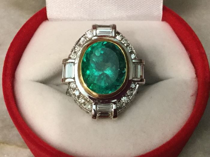 Custom 18K yellow & white gold 6.91 ct. natural emerald and diamond ring.  Appraisal included.