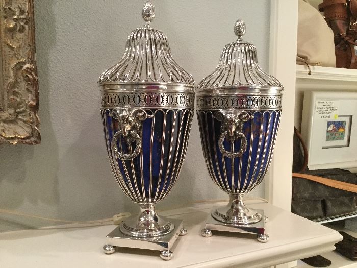 Pair of  old Sheffield Plate lidded urns with cobalt tole inserts