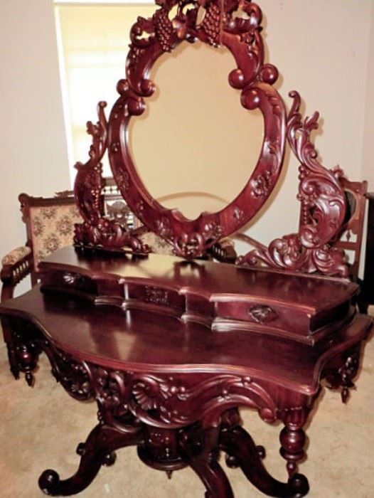 Elaborate hand carved pierced dressing table with matching stool