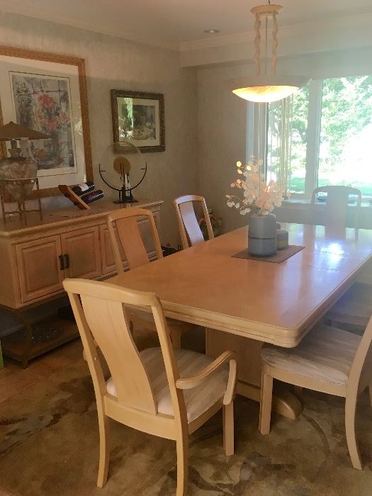Light wood dining room table, chairs & buffet