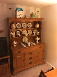 Wooden Hutch with collector plates and milk glass pieces
