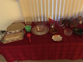 Pyrex nesting dishes and pyrex cake dish with silver wrap and wicker handles