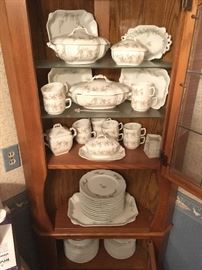 Pristine Leonard Vienna Austria 12 piece dinner setting displayed in corner hutch with leaded glass 