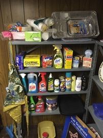 Cleaning supplies and metal storage shelf