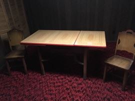 Enamel top/Wooden base table with drawer and matching chairs