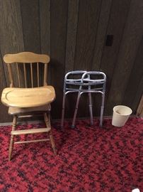 wooden high chair and walker
