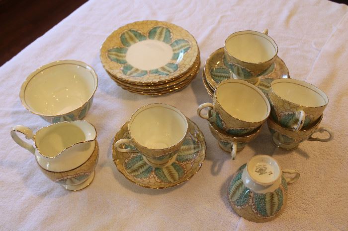 English Art Nouveau tea cups and saucers, with sugar and creamer