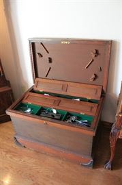 Walnut tack or tool chest with iron and brass hardware. In excellent condition.