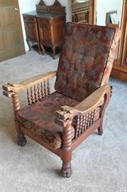 Morris chair with barley twist spindles and lions head arm rests. Quarter-sawn oak.