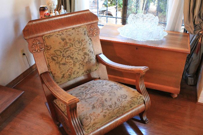 American oak quarter-sawn rocking chair. Recently and nicely re-upholstered. As comfortable as it looks.