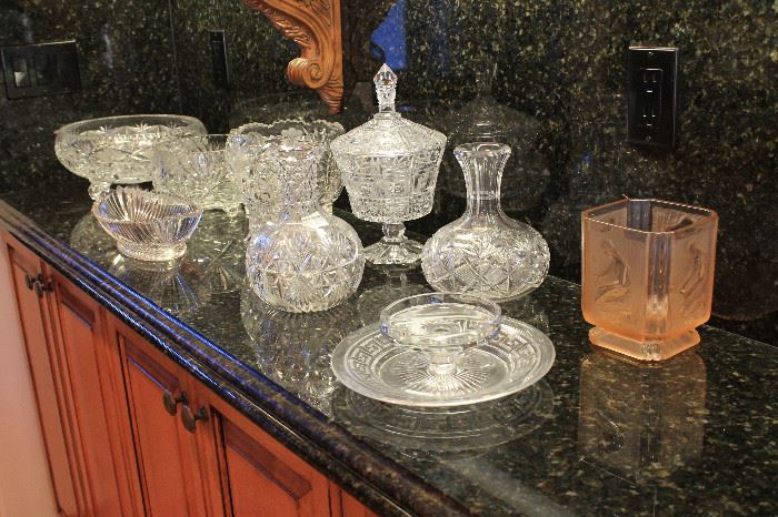Assorted crystal and glass objects, including American Brilliant Period decanters.