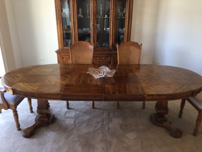 Huge parquet patterned wood expandable Dining Room Table with two leaves - 68 inches to massive 104 inch 
