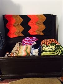 Hand made Afghan Blankets and Antique Trunk