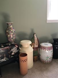 Milk Pail, Garden Seat and vases
