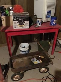 Red painted table...imagine it on a porch? Also vintage wagon for pumpkins and mums!