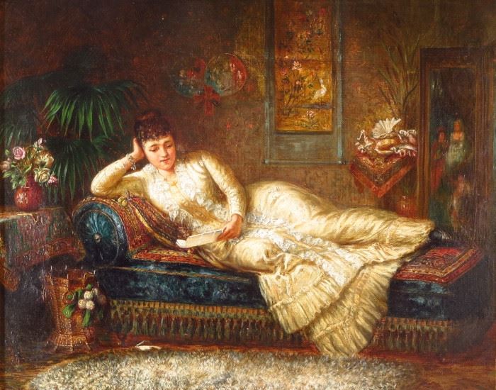 French School, 19th C., Lady Reading Letter, oil on canvas