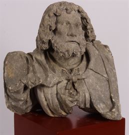 Limestone Carving, Bust Sculpture of a Man, Alsace, Lorraine region of France, 15th C.