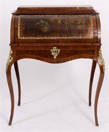 Louis XV Style Parquetry Inlaid Wood, Vernis Martin Cylinder Bureau Desk. Antique Furniture & Decorations