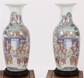 Pair of Large Famille Rose Baluster Floor Vases, 19th C. Asian, Chinese.