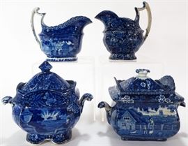 Blue and White Staffordshire Transferware Porcelain, Soft Paste, Pearlware, Creamer, Sugar, Teapots, Plates, and more