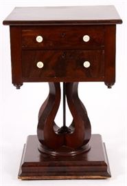 Classical Empire Flame Mahogany two-Drawer Work Table on Scrolled Pedestal Base, Mid 19th C., American or English