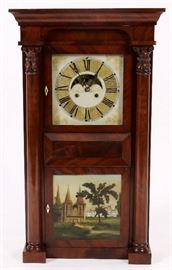 American Federal Shelf Clock, Mahogany and Flame Mahogany Case, Late 19th C., with eglomise reverse painted panel with landscape