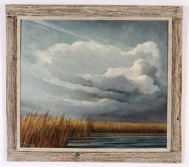 Eric Sloane, American, oil on masonite painting, Geese flying in clouds over marsh waters