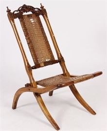 English Victorian Carved Wood and Caned Campaign Folding Chair,19th C.