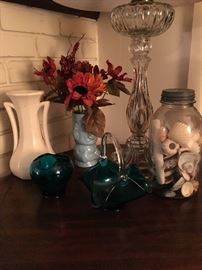 Old White McCoy Pottery Vase, mid century modern glass, sea shell collection and an electric converted glass oil lamp 