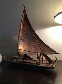 Mid Century Modern Copper Sculpture of a Sailing Raft Boat