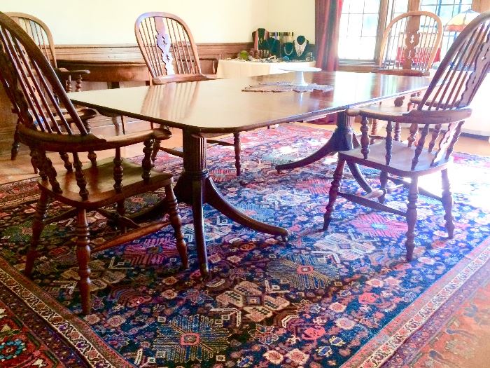 Classic Double Pedestal Mahogany Table (from Cozy to Banquet Size …3 Leaves); 1920’s 10 X 13 Mahal Area Rug (Persia)..some damage