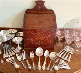 Reed & Barton, “Francis 1st” Sterling Place Settings & Serving Pieces: Some out of production, Large Meat Fork, Pastry Server, Tomato Server, Extra Large Serving Spoon, Extra Large Pierced Serving Fork, Table Spoon, Pickle; Marquetry Box; Set of 5 Sterling Stemmed Coupes (Sorbet, Sundaes); Pink Crystal Stemmed Coupes  