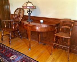 Barrister Chair (one of 6); 1830’s-’40’s French Demi-lune to Round Table (telescoping leg/drawer); 1840’s French Child’s HighChair (Seat re-caned by hand); Slag-Glass Shade Table lamp, Spiderweb edge