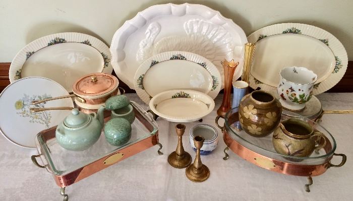“Rutledge” by Lenox Platters; Copper Cookware & Serving Dishes; Celadon Tea Pot; Celadon "Covered" Tea Cups w/infuser; Carnival Glass; Bell-Brass Candlesticks 