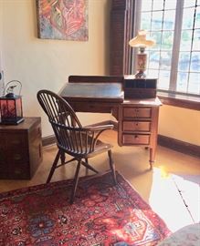 Victorian Accountant’s Desk; Antique Windsor Chair; Oak Card Catalog; Hand Painted Class Lamp (3-light); 3 X 5 Iranian Rug