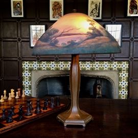 Reverse-painted Lamp shade signed Jefferson & Base; many Chess Sets