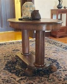 Turn-of-the-Century Tiger Oak &nbsp;Pillar & Scroll Oval Library Table; 9 X 12 Sino-Persian Area Rug