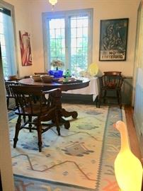 Oak Pedestal Table & Captains Chairs; Kilim Rug; Tableware; Illuminated Goose & "No Loitering" by Hieronymus 