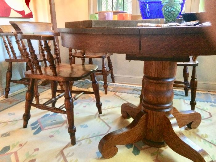 Oak Pedestal & Curl Base Round Table & Set of 6 Turn-of-The-Century Sturdy & Comfortable Oak Captain’s Chairs