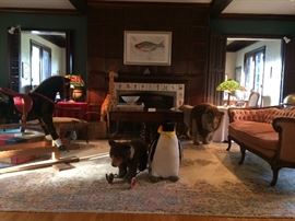 Rosewood Sofa Table; Spray Painted Suitcase by Hieronymus; 1920’s Tapestry Wide Fauteuil, Carved Frame; Beautifully Carved French-Style 7’ Sofa; Authentic Reproduction Tiffany "Poinsettia" Shade & Base; Authentic Reproduction Tiffany "Zodiac" Shade & Base; Framed Watercolor of a Fish, by J. Melore 2002; 1950’s &nbsp;10 X 13 Kirman Area Rug and a Menagerie of Plush Animals (see individual images)