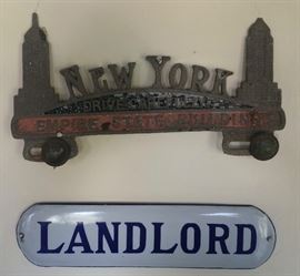 Vintage Empire State License Plate Crown; Enamel Tin "LandLord" Sign