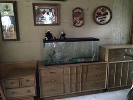 Bedroom set and beer signs