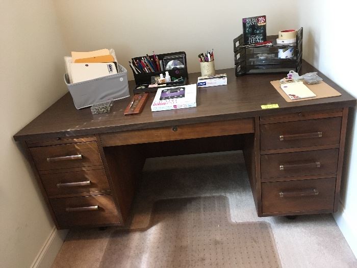 wood office desk, office supplies