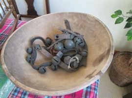 Antique sleigh bells an wooden bowl from Ohio farm