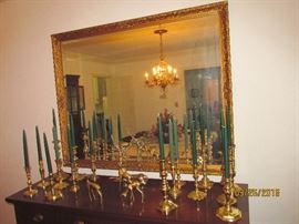 BRASS CANDLESTICKS, BRASS FIGURINES, LARGE MIRROR
